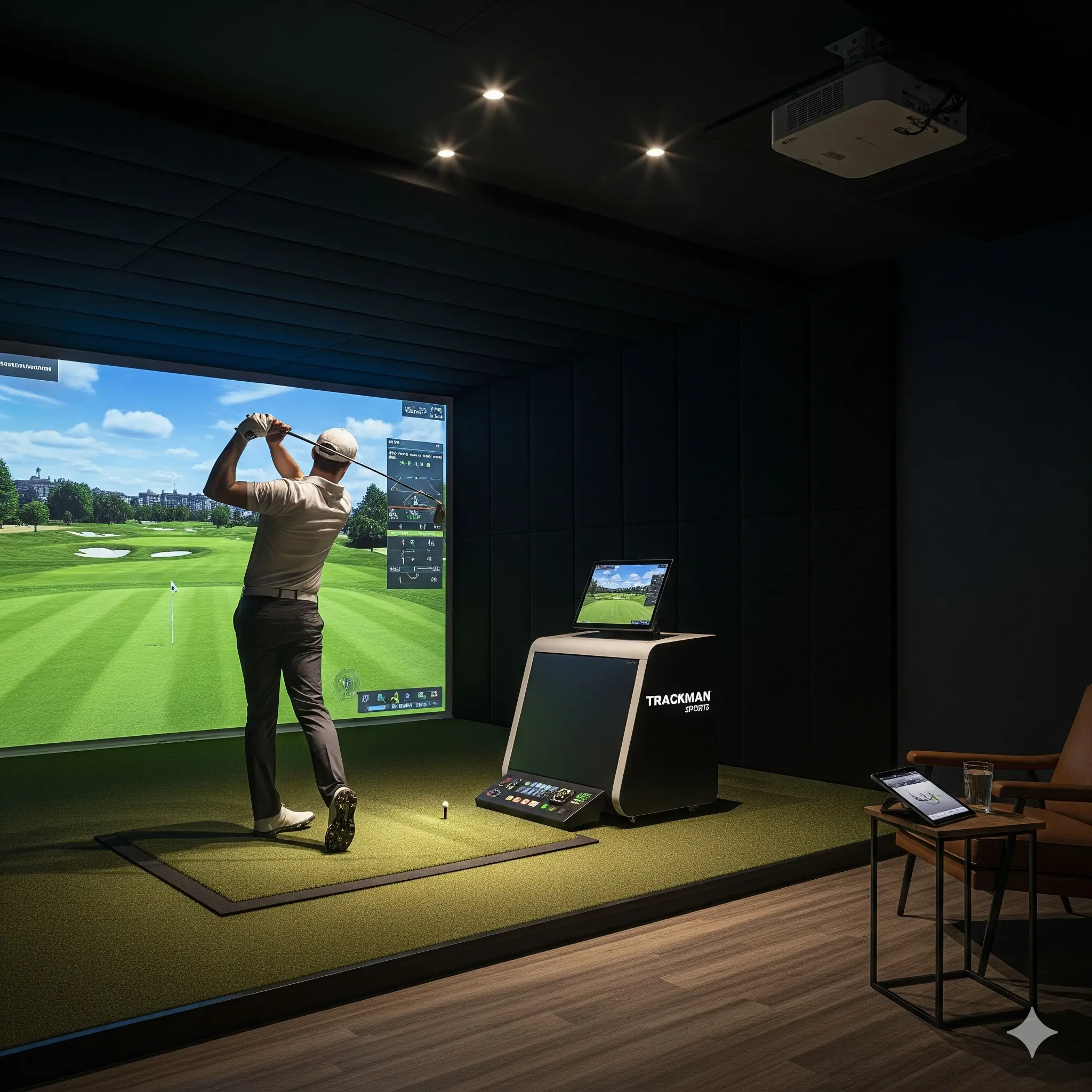 Indoor golf simulator bay with Trackman technology