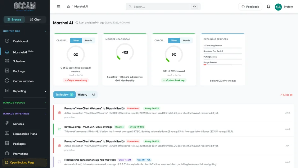 Marshal AI dashboard showing actionable recommendations and operations insights