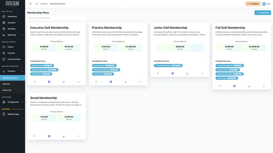 Occam membership plans dashboard showing pricing tiers and member management
