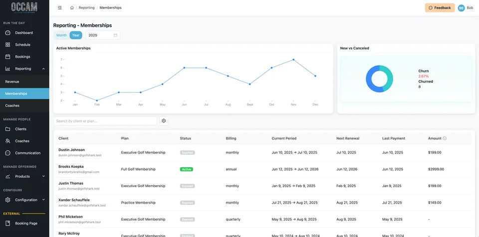 Occam payments dashboard showing payouts and transactions