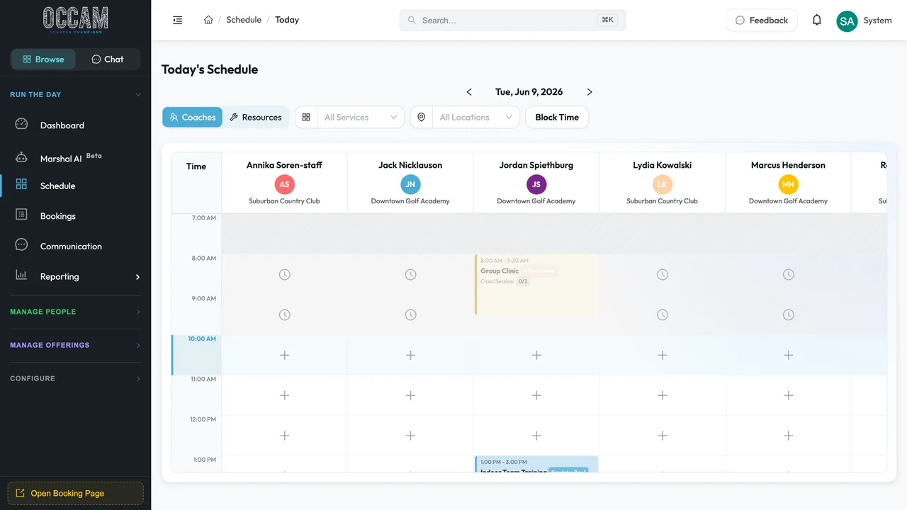 Occam scheduling calendar showing multi-coach availability and bookings across the day