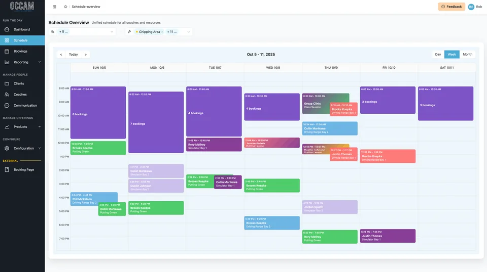 Occam scheduling calendar showing availability and bookings