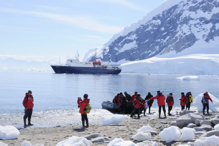 Zodiac landing at Neko Harbour, Antarctica, vessel mv Ortelius