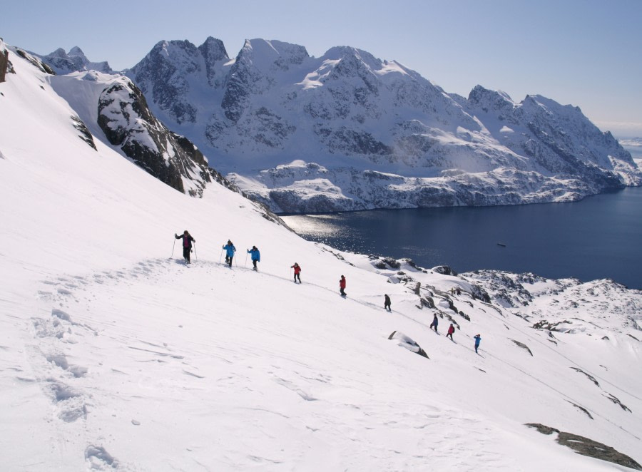 Snowshoe walking uphill