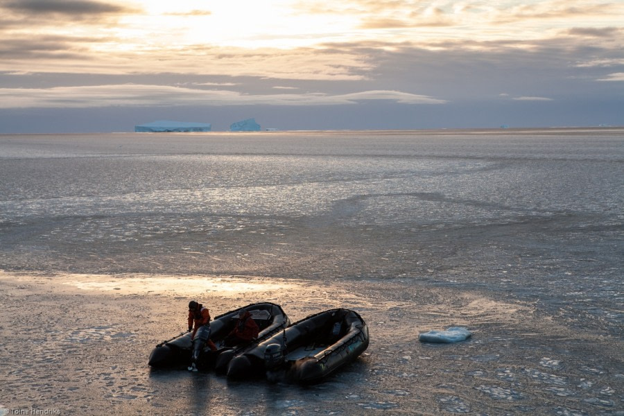 Zodiacs in pancake ice at Cape Adare, Ross Sea