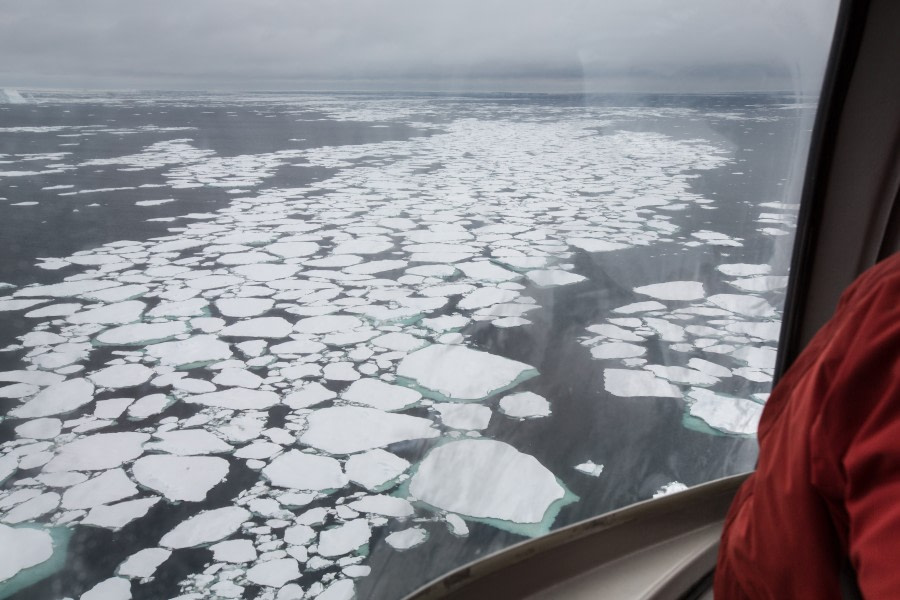 Helicopter flight above the pack ice in the Ross Sea