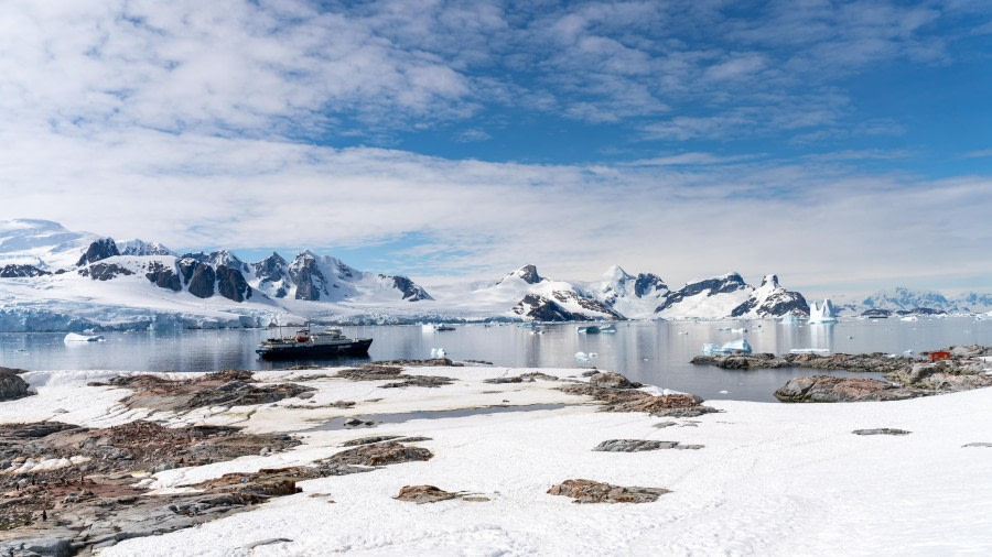 M/V Plancius Dwarfed by Antarctica