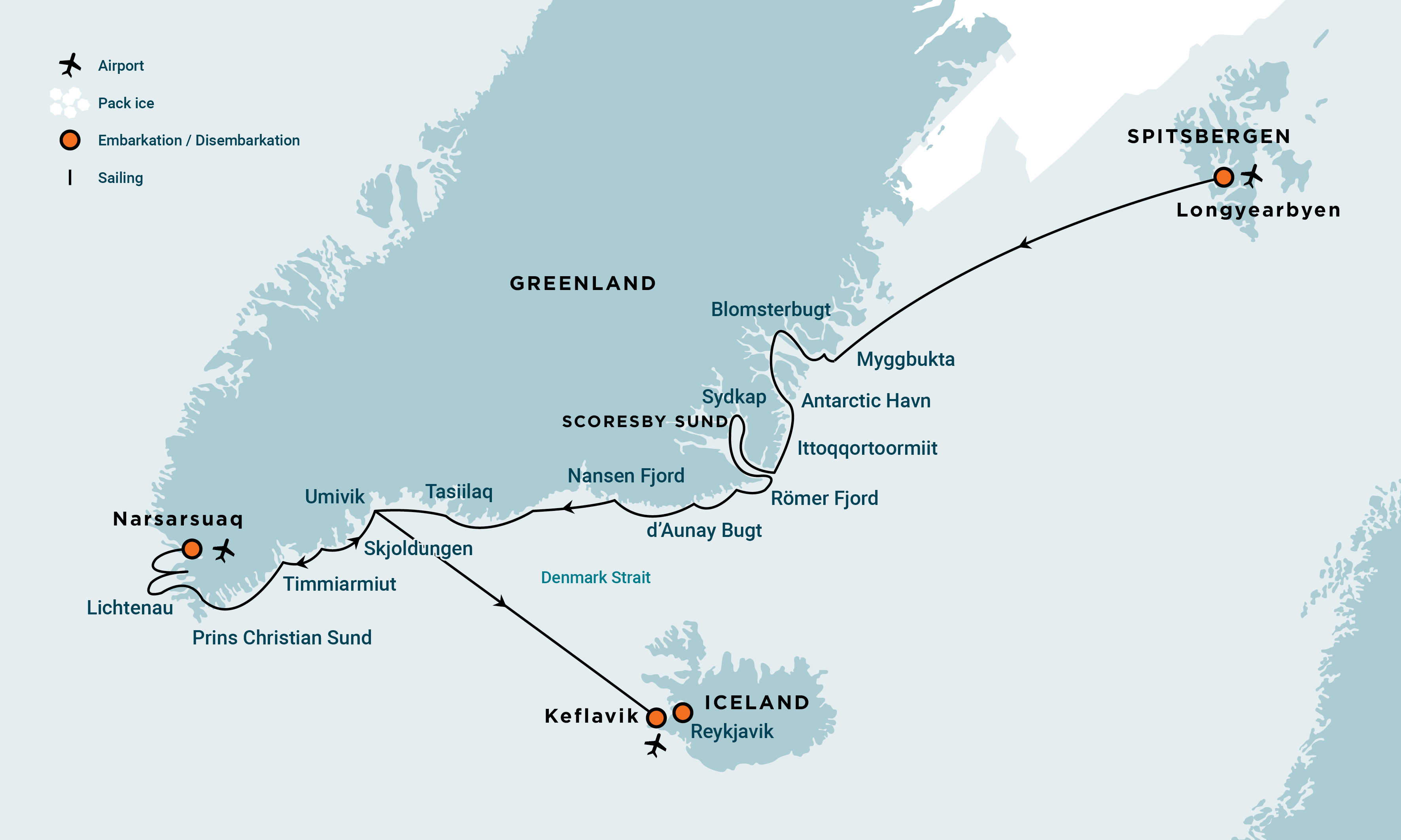 Route of Ultimate East and South Greenland Discovery