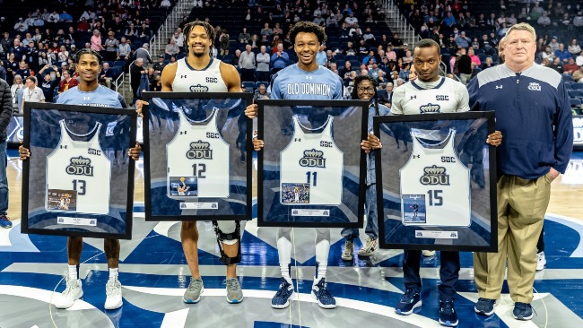 Norfolk,Virginia 20230224- Old Dominion Monarchs honored senior guard P.J. Gill (13), forward Ben Stanley (12), guard Tyreek Scott-Grayson (11), and guard Tre Brown (15) prior to tonight's men's Sun Belt basketball matchup between the Marshall Thundering Herd @ Old Dominion Monarchs at Chartway Arena in Norfolk,Virginia. The Monarchs upset the Herd 71-67 on Senior Night, making their regular season record 19-11, 11-7. The Monarchs will be the #6 seed heading into the Sun Belt Conference tourney in Pensacola, FL.