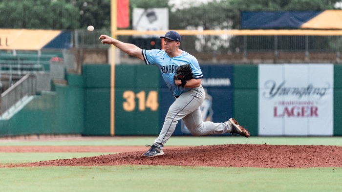 BSB-Sam Armstrong throws a pitch during ODU's Sun Belt Championship opening round game vs. JMU on May 23, 2023