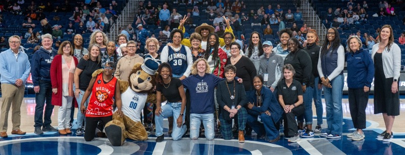 WBB-Old Dominion Women's Basketball alumni pose for a photo during halftime of the Monarchs' Jan. 27, 2024 home game vs. Georgia State