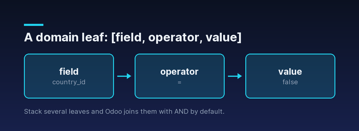 A domain leaf is a triple: a field name, an operator, and a value — here country_id = false