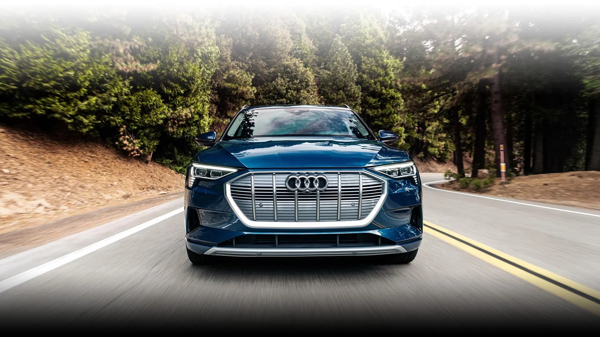 Front profile of the Audi e-tron® driving on the road.