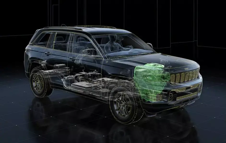 An under-the-skin view of the 2022 Jeep Grand Cherokee 4xe with the gasoline engine highlighted.