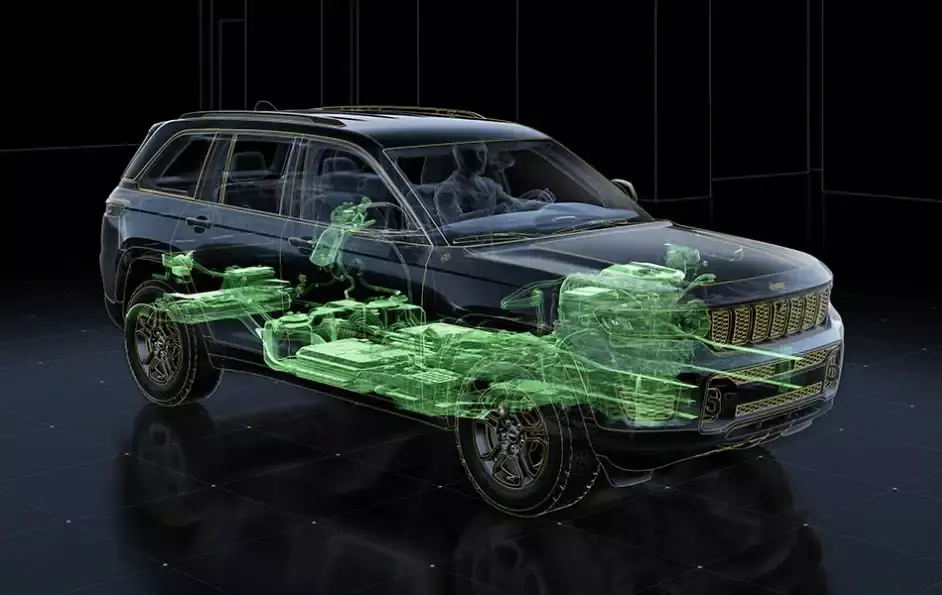 An under-the-skin view of the 2022 Jeep Grand Cherokee 4xe with the engine, electric motor and regenerative brakes highlighted.