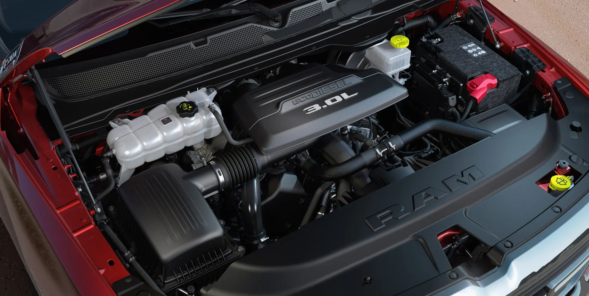Open hood of RAM 1500 showing off the efficient 3.0L EcoDiesel V6 engine