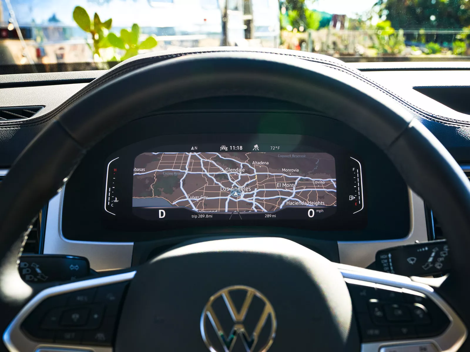 An up-close shot of the steering wheel and Volkswagen Digital Cockpit Pro