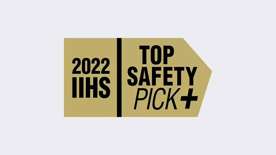Stylized black and gold logo from the Insurance Institute for Highway Safety (IIHS) that reads “2022 IIHS” and “Top Safety Pick+”
