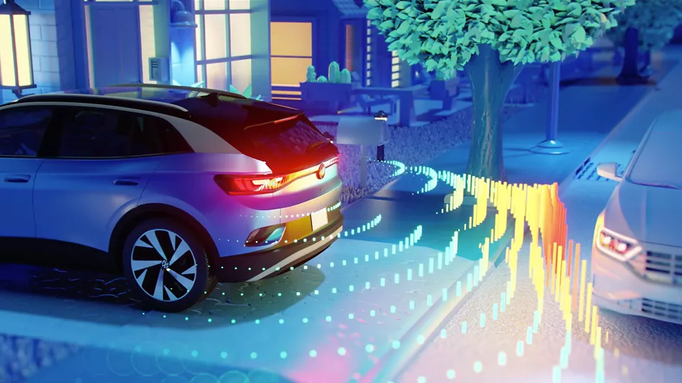 A Dusk Blue Metallic Volkswagen ID.4 backing down a driveway with visual elements to show sensors and cameras used to detect an oncoming vehicle.