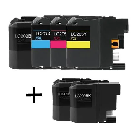Compatible Brother LC209BK/LC205C/M/Y Full Set + 2 EXTRA Black Ink Cartridges (6 Pack)  Multipack