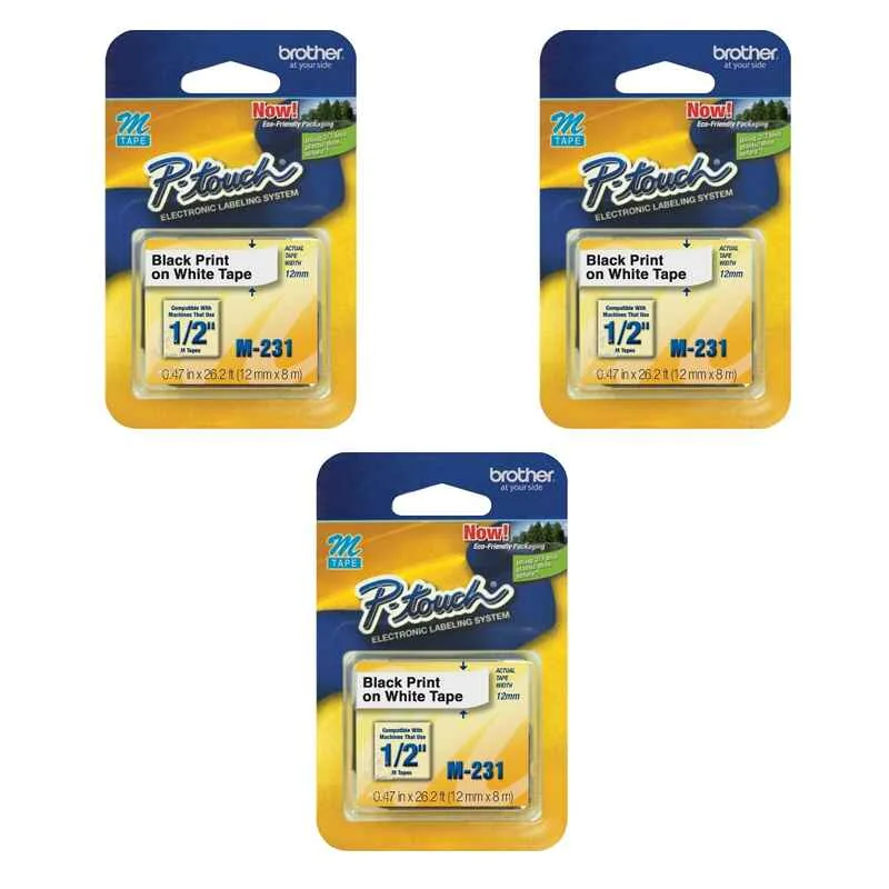 Brother M231 Original P-Touch Label Tape - 1/2 x 26.2 ft (12mm x 8m) Black on White - Pack of 3 (3 Pack)