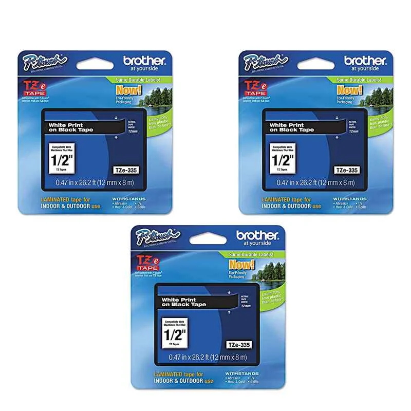 Brother TZe335 Original P-Touch Label Tape - 1/2 x 26.2 ft (12mm x 8m) White on Black - Pack of 3 (3 Pack)