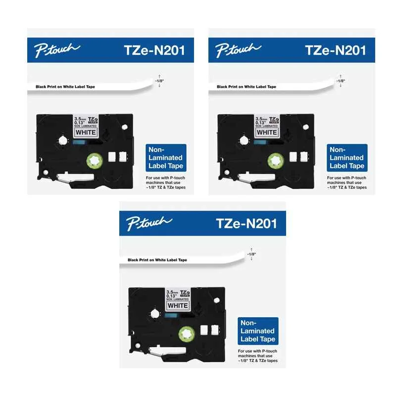 Brother TZeN201 Original P-Touch Label Tape - 1/8 x 26.2 ft (3.5mm x 8m) Black on White - Pack of 3 (3 Pack)