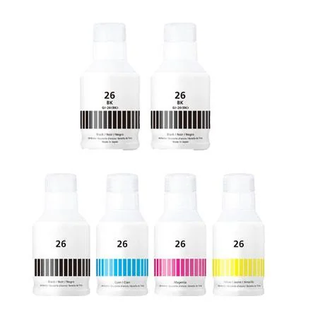 Compatible Canon GI-26 Full Set + 2 EXTRA Black Ink Bottles (6 Pack)  Multipack