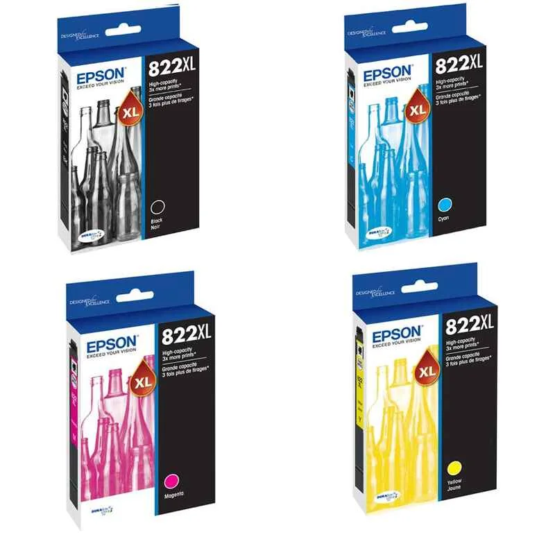 1 Full Set Epson T822XL Black and Color Original High Capacity Ink Cartridges