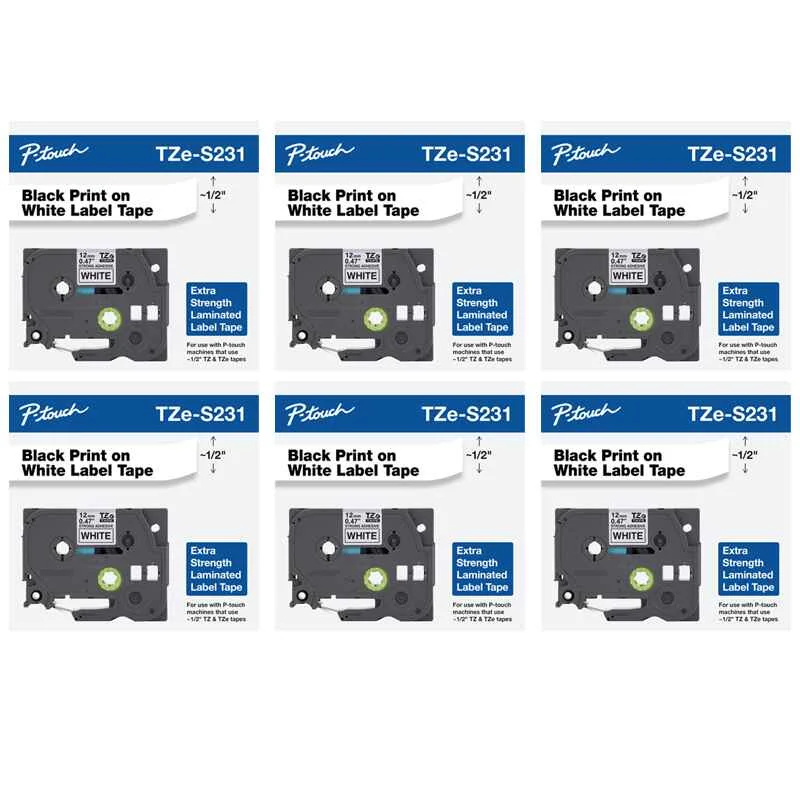 Brother TZeS231 Original P-Touch Label Tape - 1/2 x 26.2 ft (12mm x 8 m) Black on White - Pack of 6 (6 Pack)