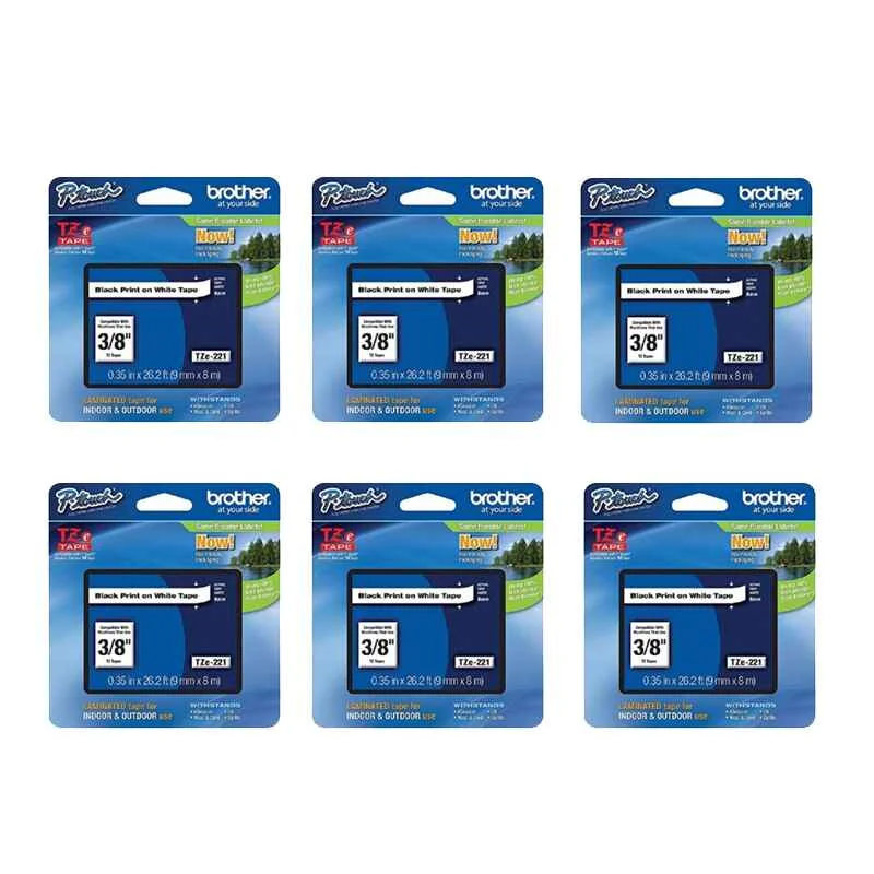 Brother TZe-221 Original P-Touch Label Tape - 3/8 in x 26 ft (9mm x 8m) Black on White - Pack of 6 (6 Pack)