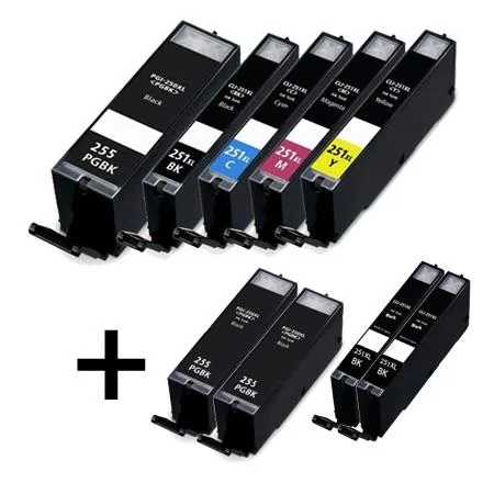 Compatible Canon PGI-255XXLBK/CLI-251XLBK/C/M/Y Full Set + 4 EXTRA Black Inkjet Cartridges (9 Pack)  Multipack