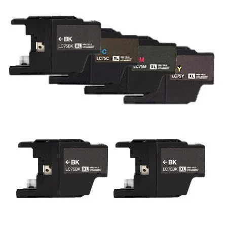 Compatible Brother LC75BK/C/M/Y Full Set + 2 EXTRA Black Ink Cartridges (6 Pack)  Multipack