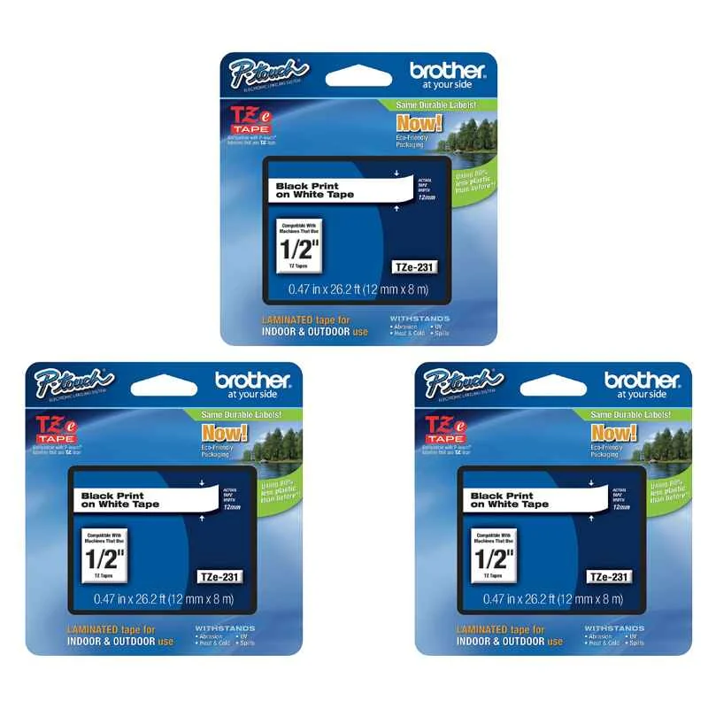 Brother TZe-231 Original P-Touch Label Tape - 1/2 in x 26 ft (12mm x 8m) Black on White - Pack of 3 (3 Pack)