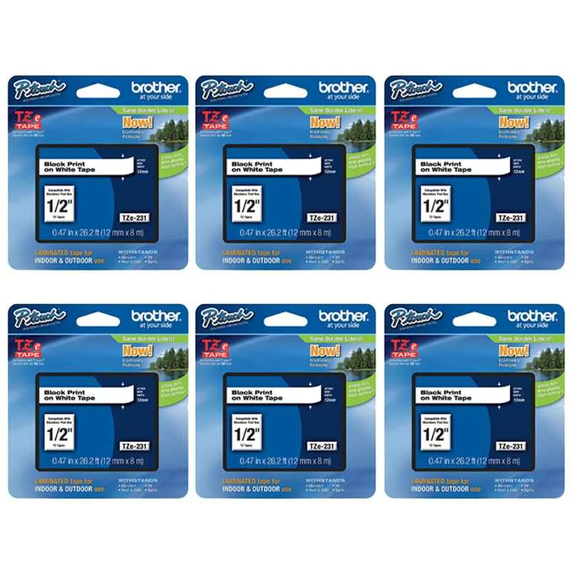 Brother TZe335 Original P-Touch Label Tape - 1/2 x 26.2 ft (12mm x 8m) White on Black - Pack of 6 (6 Pack)