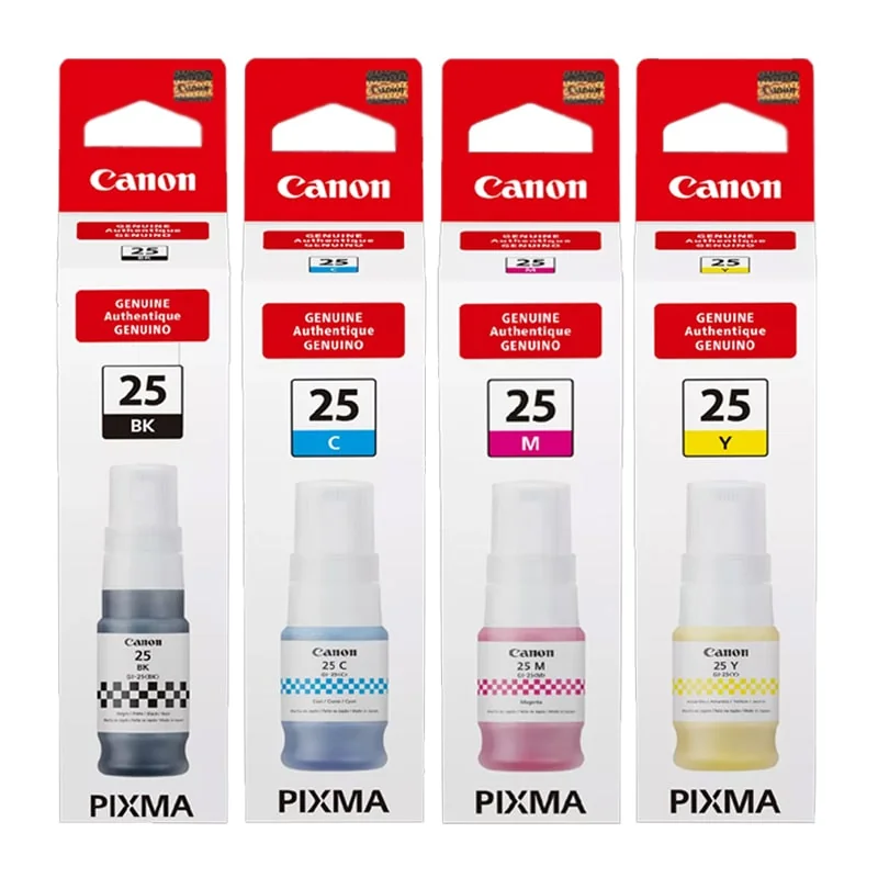 1 x Canon GI-25BK Black and 1 x Colour Set GI-25C/Y Original Ink Bottles