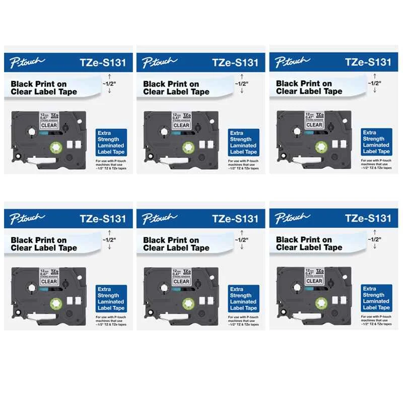 Brother TZeS131 Original P-Touch Label Tape - 1/2 x 26.2 ft (12mm x 8 m) Black on Clear - Pack of 6 (6 Pack)