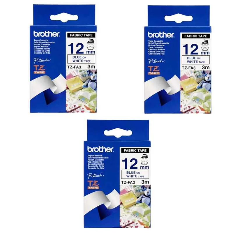 Brother TZeFA3 Original P-Touch Label Tape - 1/2 x 9.8 ft (12mm x 3m) Navy Blue on White - Pack of 3 (3 Pack)
