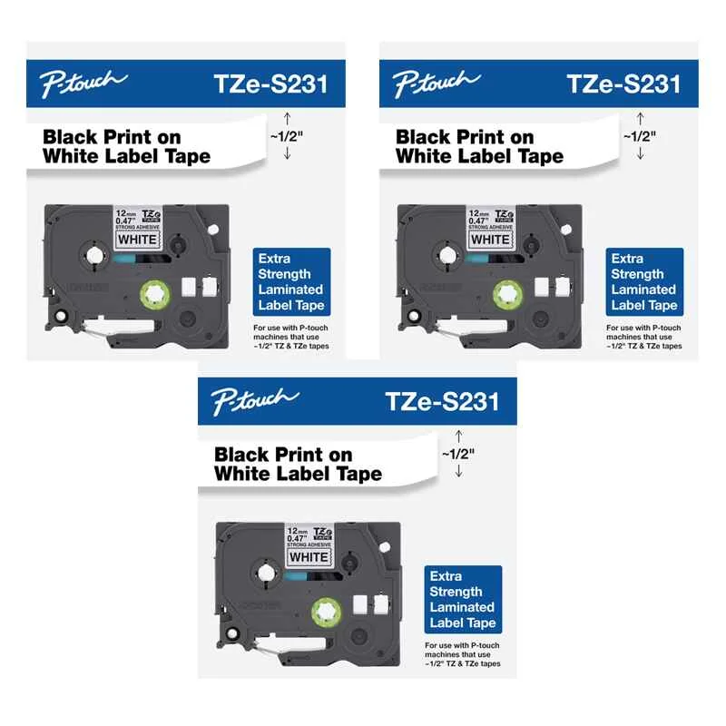 Brother TZeS231 Original P-Touch Label Tape - 1/2 x 26.2 ft (12mm x 8 m) Black on White - Pack of 3 (3 Pack)