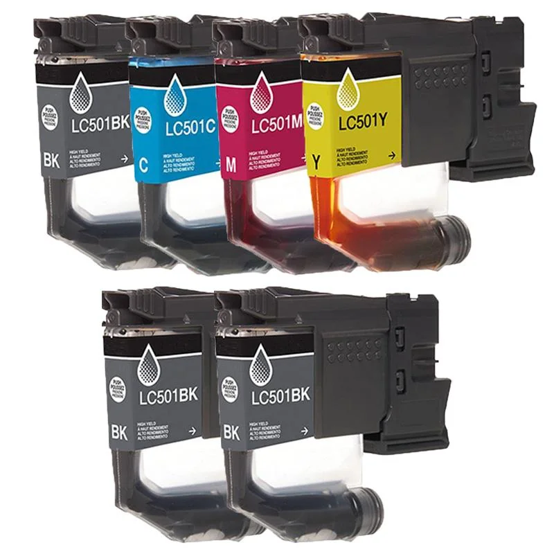 Compatible Brother LC501BK/C/M/Y Full Set + 2 EXTRA Black Standard Yield Ink Cartridges (6 Pack)