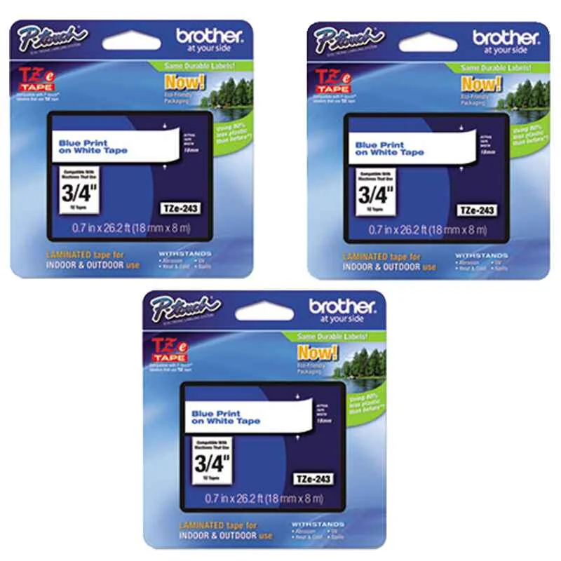 Brother TZe243 Original P-Touch Label Tape - 3/4 x 26.2 ft (18mm x 8m) Blue on White - Pack of 3 (3 Pack)