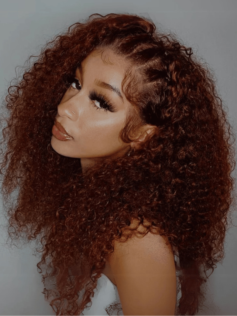 7x5 Bye-Bye Knots Drawstring Wig Glueless Lace Reddish Brown Curly Wig With Bleached Knots 150% Density