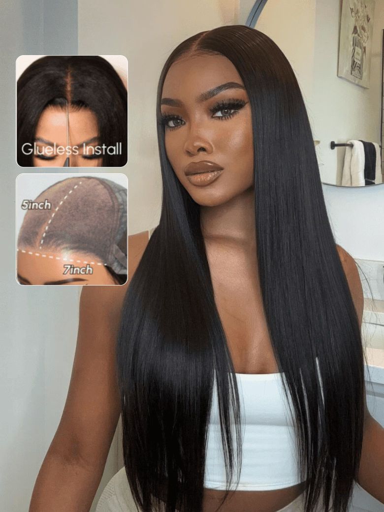 UNice Original Bye Bye Knots Wig 7x5 Glueless Lace Black Straight Bleached Knots Wig No Baby Hair 150% Density