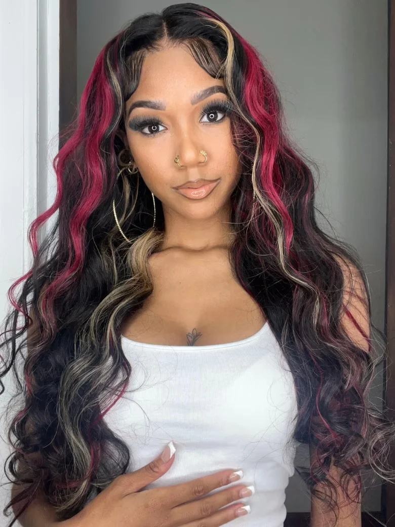 7x5 Bye Bye Knots™ Glueless Lace Red Blonde Highlights Loose Wave Wig 150% Density
