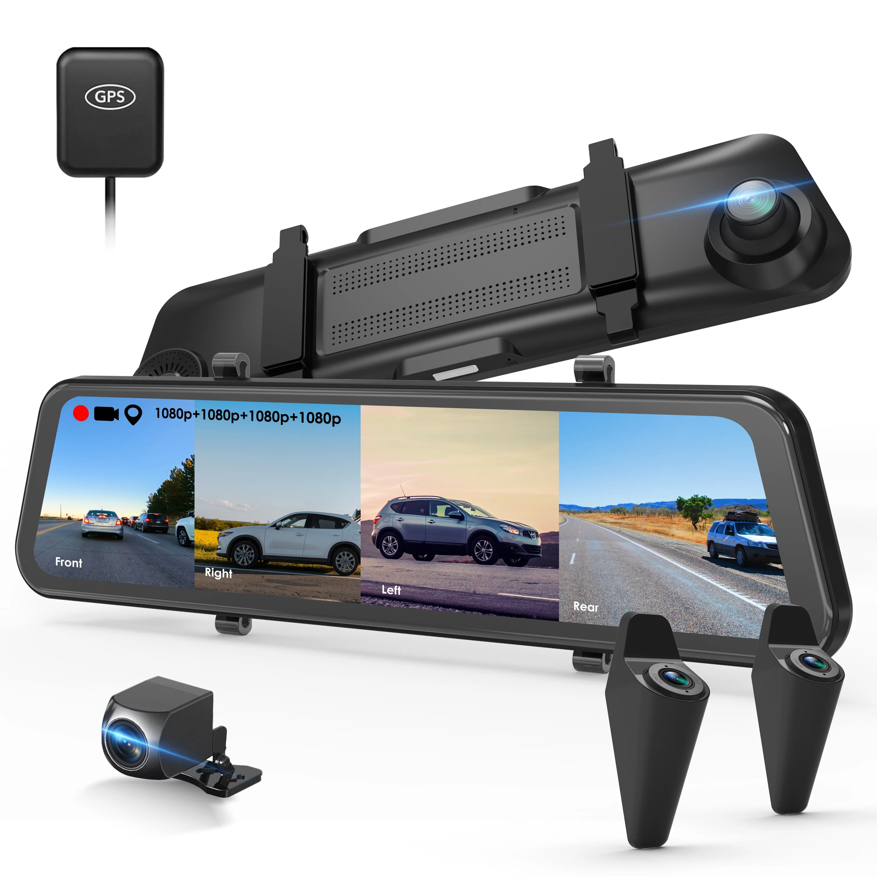 REXING M2-4 4-Channel Mirror Dash Cam, 12” Touch Screen, 1080p with GPS