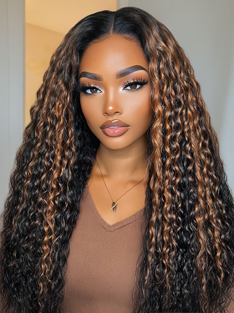[24"=$109] Bye-Bye Knots™ 7x5 Lace Black with Caramel Piano Highlights Water Wave Wig With Invisi Drawstring 150% Density