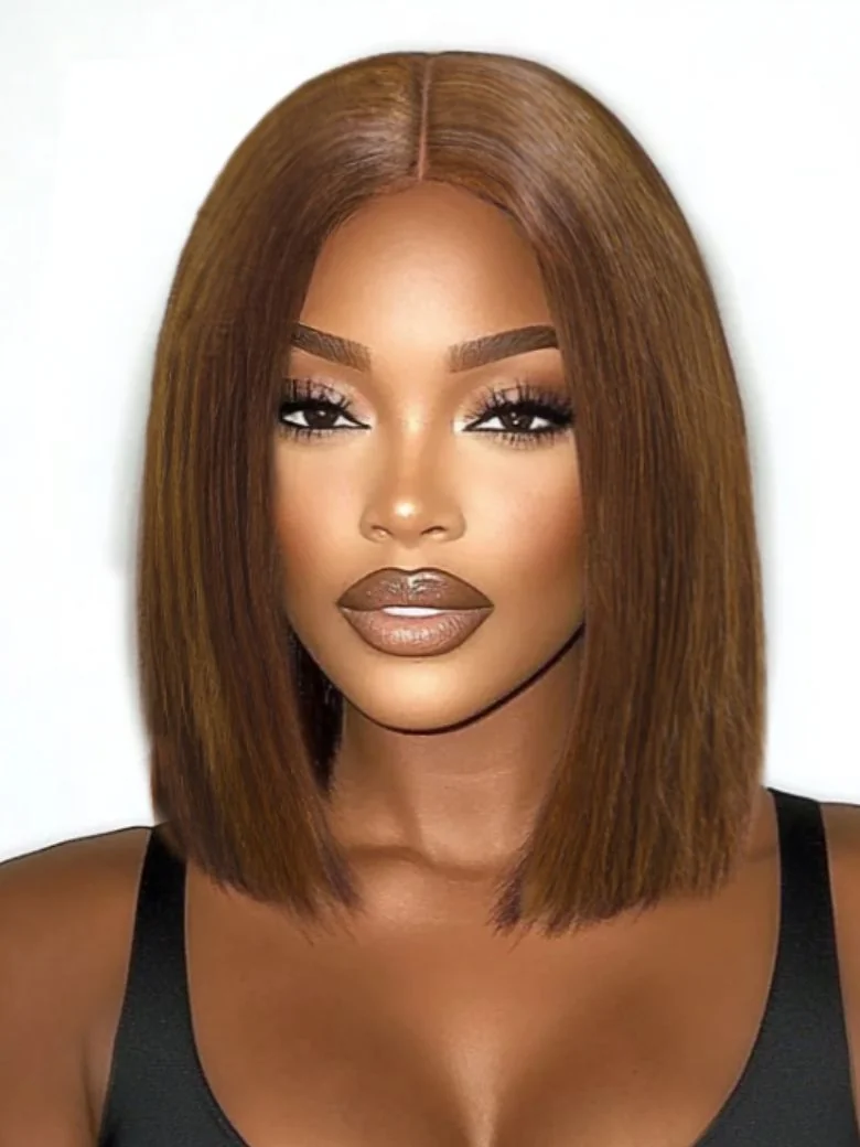 UNice 2x6 Lace Closure Medium Brown Glueless Blunt Cut Bob Wig