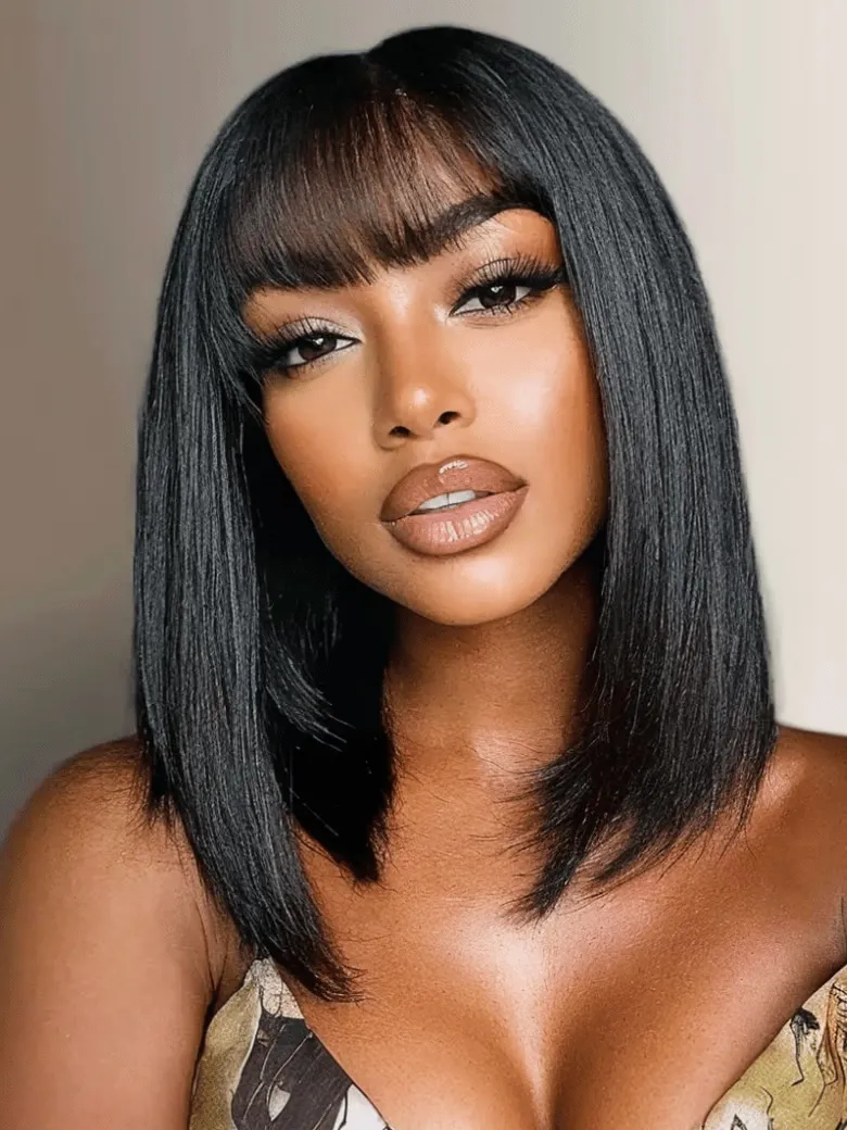 UNice 2x4 Lace Closure Yaki Straight Bob Wig with Bangs 150% Density