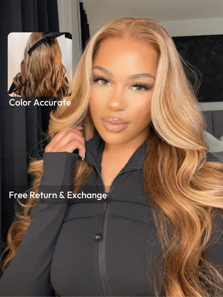 [$129= 22"] 7x5 Pre-Cut Glueless Lace Bye Bye Knots Wig Honey Blonde Body Wave Wig With Bleached Clean Knots