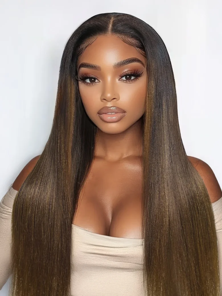 [Limited Exclusive Price] Bye-Bye Knots 7x5 Lace Black to Chestnut Brown Ombre Yaki Straight Wig With Invisi Drawstring & Loose Wave Wig